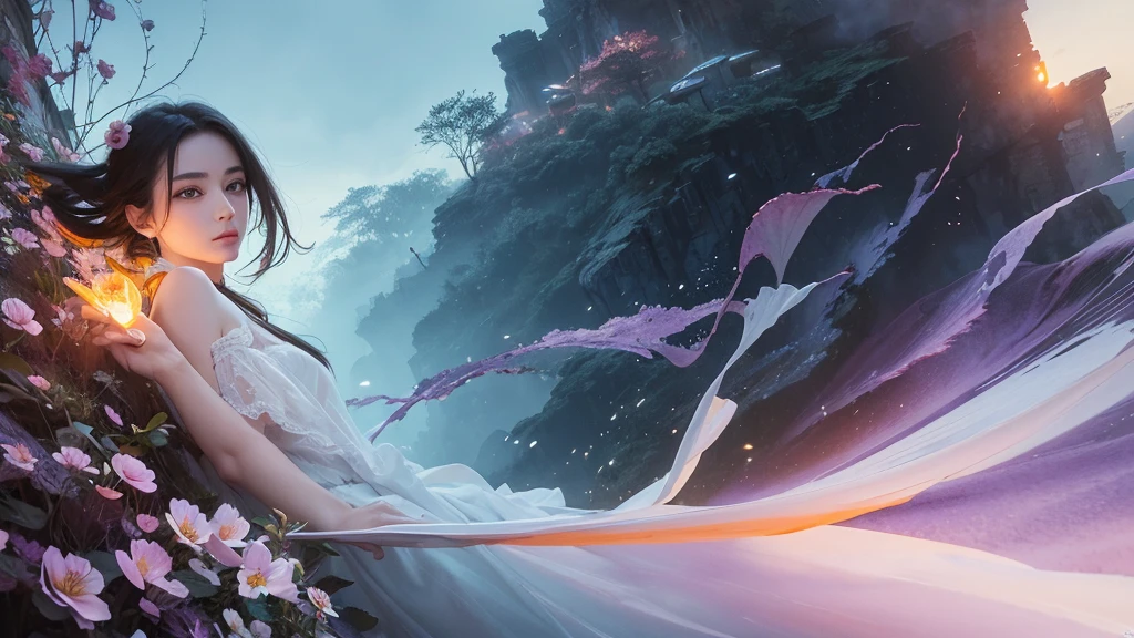 32k, Masterpiece, Highest quality, One girl, Detailed eyes, flower,Alstroemeria, White and orange style,A dreamy, romantic piece,Pale purple, Mysterious Leaves,A playful arrangement,Fantasy,High Contrast,Ink strokes,explosion,Exposure, Impression of white and orange tones,Abstract,((Watercolours by John Berkey and Jeremy Mann )) Brush strokes,Negative Space, Tyndall effect,