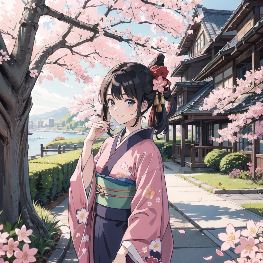 (best quality, masterpiece), 1 Girl, 20 years old, amazing, Lovely, Warm smile, kimono，Sunlight，Cherry blossoms，landscape