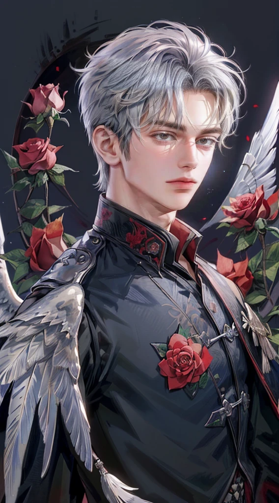 ((4K Works))、masterpiece、(Top quality)、((High level of image quality))、((一个美丽的Fallen Angel男人))、slim、((Vampire Black Y-Shirt Fashion))、(Detailed beautiful eyes)、((Red roses and crows on a dreamy black background))、inside castle、((face shape and《Ruseraphim》Chaewon in similar))、((short hair))、(((Bright silver hair)))、((The face becomes smaller))、((Normal face))、((Red Eyes))、((Korean male))、((18 years old))、((wild boy))、((Looks bad))、((Smile with teeth bared))、((Korean makeup with black eye shadow))、((Elongated and sharp eyes))、((Solo shooting))、((Fallen Angel))、Fallen Angel照片、douchebag、Dark Proof、((Shot from the side))、Fallen Angel式