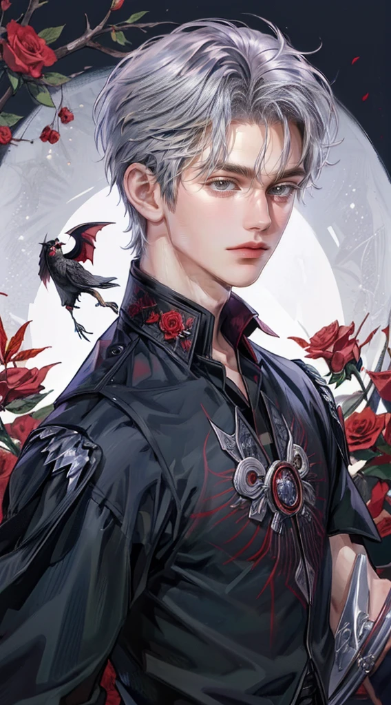 ((4K Works))、masterpiece、（Top quality)、((High level of image quality))、((一个美丽的Fallen Angel男人))、slim、((Vampire Black Y-Shirt Fashion))、(Detailed beautiful eyes)、((Red roses and crows on a dreamy black background))、inside castle、((face shape and《Ruseraphim》Chaewon in similar))、((short hair))、(((Bright silver hair)))、((The face becomes smaller))、((Normal face))、((Red Eyes))、((Korean male))、((18 years old))、((wild boy))、((Looks bad))、((Smile with teeth bared))、((Korean makeup with black eye shadow))、((Elongated and sharp eyes))、((Solo shooting))、((Fallen Angel))、Fallen Angel照片、、Dark Proof、((Shot from the side))、Fallen Angel式
