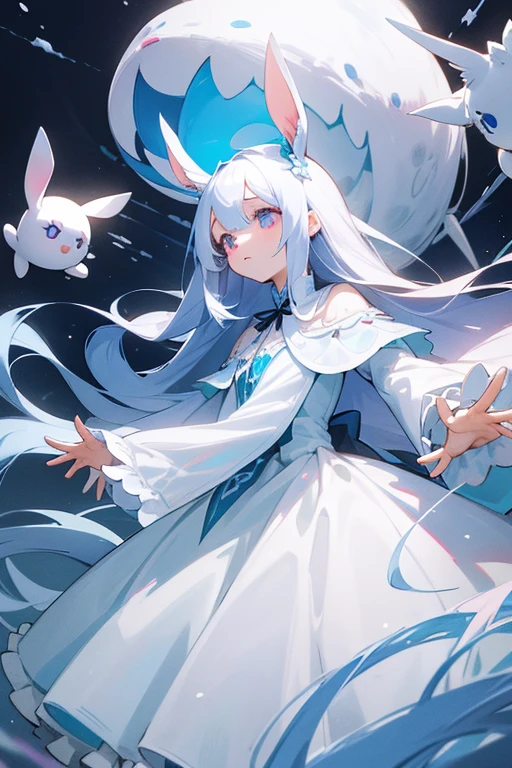 A young girl with long straight white hair。Droopy eyes and ephemeral appearance、Ice blue and pink odd eyes。A princess with the ability to control snow。spirit。sacred、beautiful、cute Lolita Dresses、She likes rabbits。