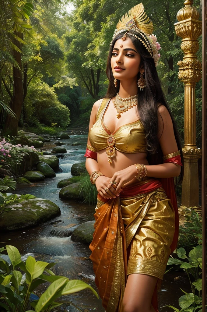 "Create a beautiful and serene photo of Radha and Krishna. Radha should be depicted in traditional Indian attire, with vibrant colors and intricate designs. Krishna should be shown playing his flute, wearing a peacock feather crown, and adorned with jewelry. The background should be a lush, natural setting, like a garden or a forest, filled with blooming flowers and flowing rivers, to emphasize the divine and romantic atmosphere. The expressions on their faces should reflect deep love and spiritual connection."