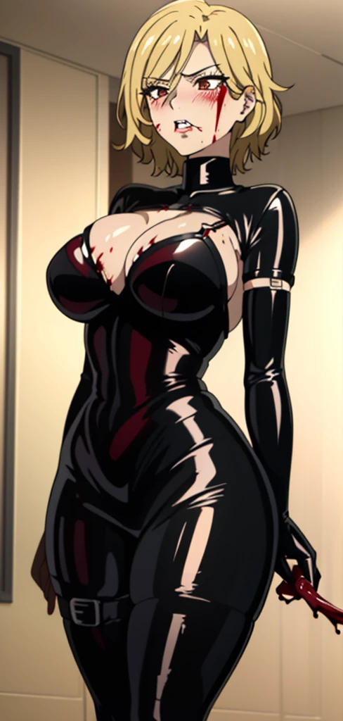masterpiece, best quality, 1girl, solo, dimaria yesta, latex clothes, blood, blood on face, blushed, indoors,((cowboy_shot)), ((((dominatrix woman, dominant woman ))))