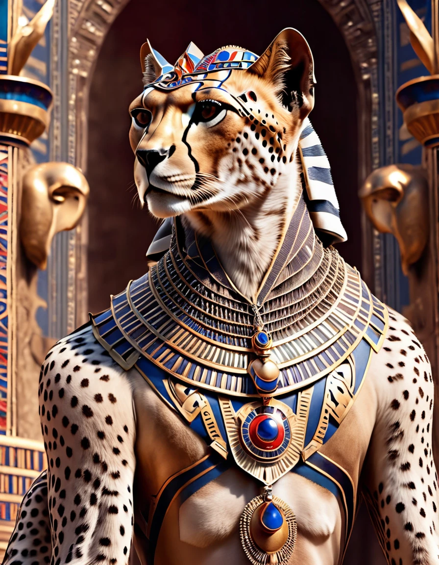 general shot whole body, ((pay attention, a pharaoh cheetah dressed as a pharaoh, human mitas:1.5)), 2 chitas abanicando al chita faraon:1.4, Elegance, gold ornaments, opulence, silk curtains letting sunlight filter in, and moving by the gentle desert wind (raw photo, Best Quality, Masterpiece, photorealistic, of the highest quality, Maximum image quality, high resolution, 8k, HD:1.2), vibrant,ethereal lighting,sharp focus,ultra detailed,((Extremely detailed 8k unified CG wallpaper)), surreal and dreamlike textures,magical and mysterious essence,unexplored and undiscovered wonders,sculptural and abstract elements, transcendent composition, visual effects, photorealistic, digital composition master class