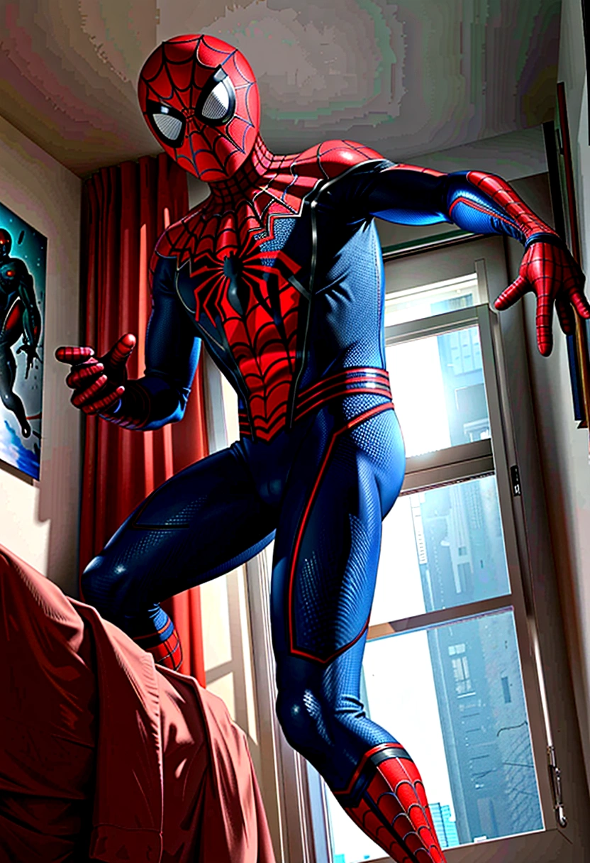 teenager dressed as spider man black costume miles morales , Playing mobile game, view from a little further away Rio Grande do Sul Pampas , no electricity, in his bedroom