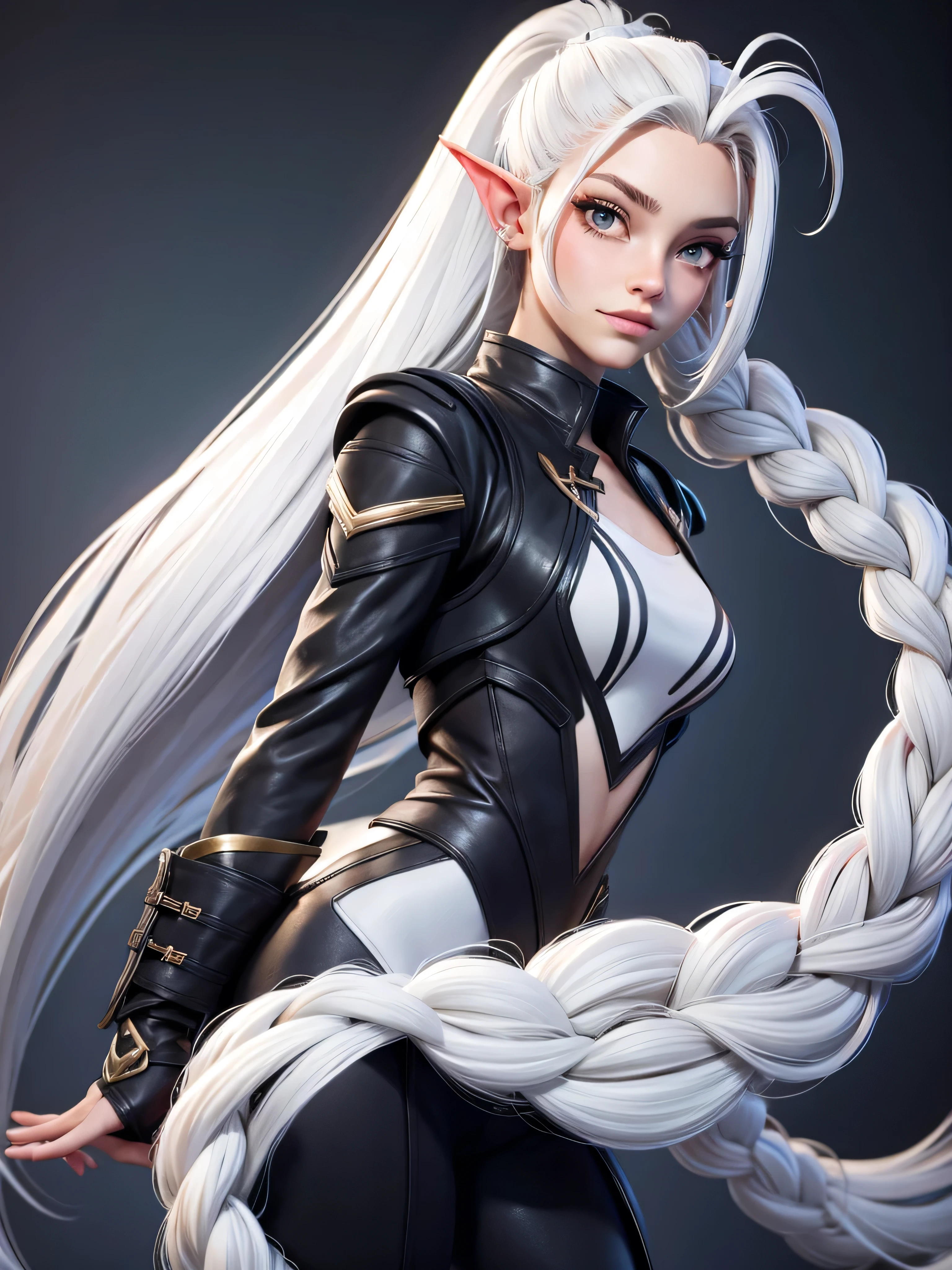 Millicent is a 21 year old young woman.., Tall and fit physique. He has light skin and gray eyes with small pupils... Long wavy white hair braided in a high ponytail with many small braids.. It has long and pointed ears. Described as an incredibly beautiful girl.. Prefers to wear black clothes., gray and white colors. 8k.