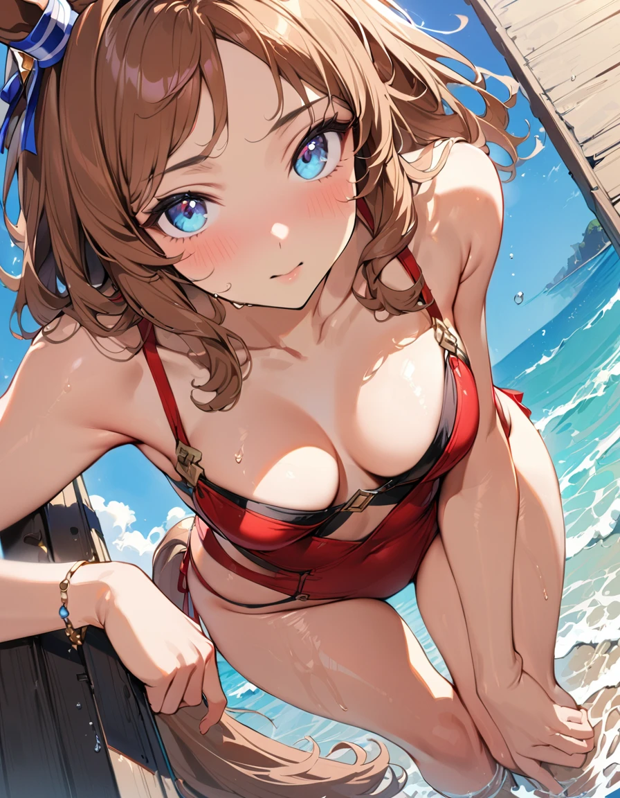 ((16k, highest quality, master piece: 1.2, super detailed, super high resolution, super detailed)),  1 girl, Glass Wonder \(umamusume\), Chestnut Hair, one girl, animal ears, horse tail, Blue Eyes, fashionable, elegance, charming, , stunning, charming , lovely, charming, cute, beautiful detailed face, beautiful detailed eyes, soft expression, slim Beautiful figure, curvaceous, Small , slender arms, graceful hands, delicate fingers, slim wrists, elegant neck,  shoulders, smooth skin, Seaside, sandy beach, Outdoors, blue sky,(red Bikini Swimwear, drenched, Wet skin)), (Standing and  his wet T-shirt)