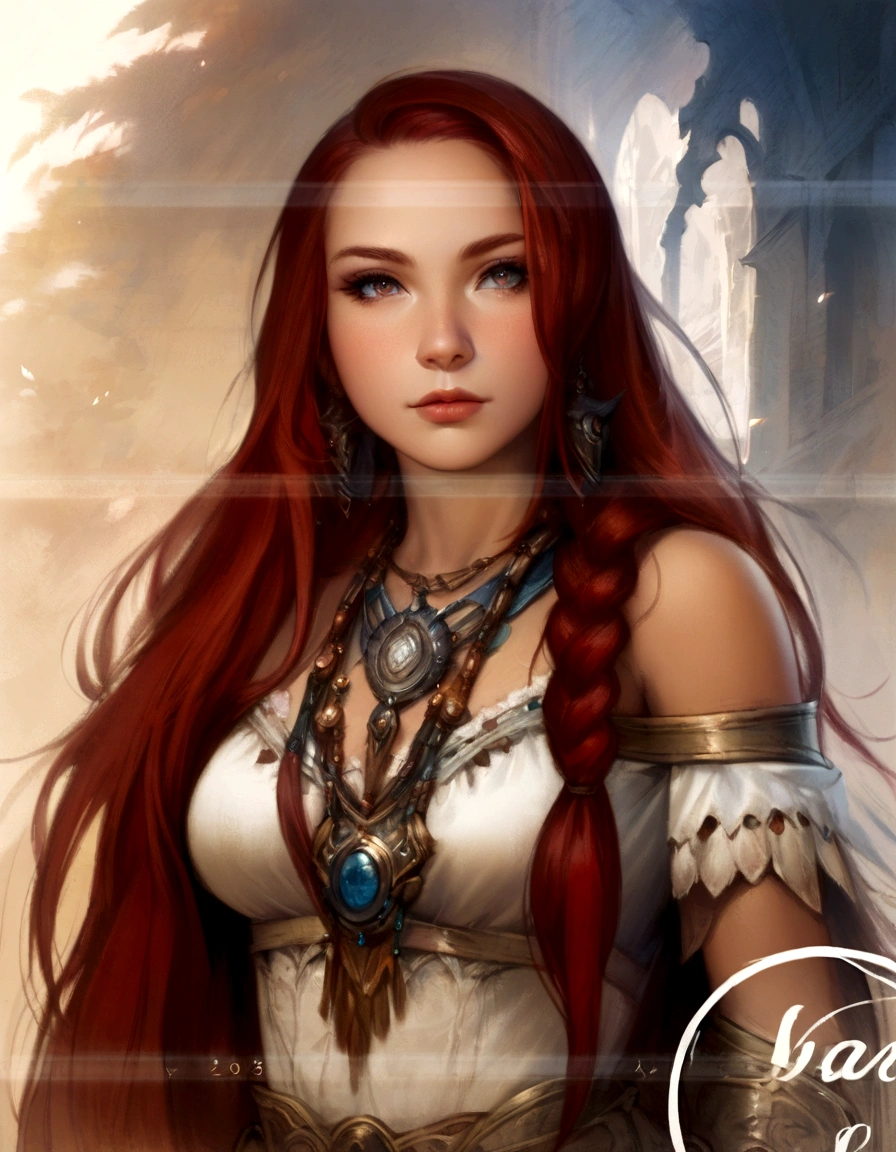 woman with long red hair and a necklace around her neck, fantasy concept art portrait, beautiful drawing of the characters, maiden with copper hair, fantasy portrait art, epic fantasy style portrait, alloy, redhead goddess, fantasy style portrait, beautiful fantasy style portrait, fantasy character portrait, elf with long braided brown hair, detailed matte fantasy portrait, fantasy art, Fantasy character portrait