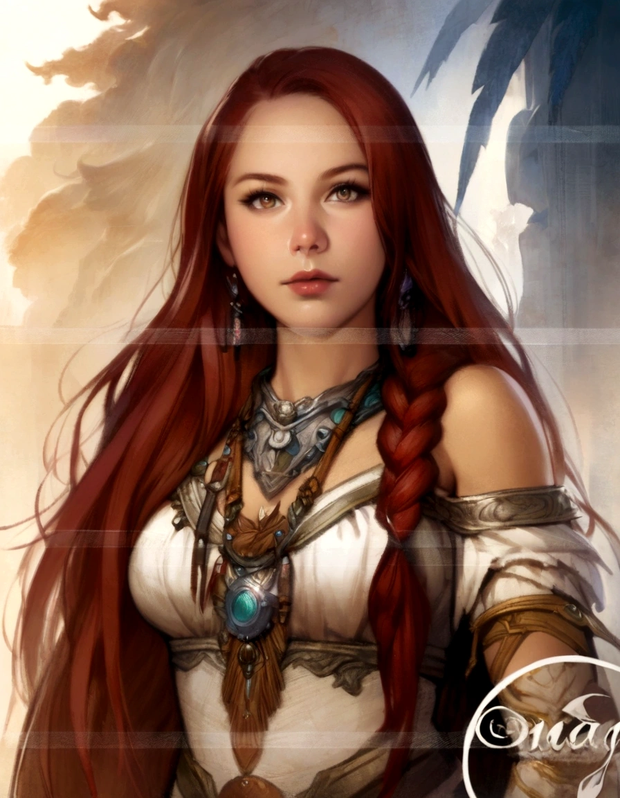woman with long red hair and a necklace around her neck, fantasy concept art portrait, beautiful drawing of the characters, maiden with copper hair, fantasy portrait art, epic fantasy style portrait, alloy, redhead goddess, fantasy style portrait, beautiful fantasy style portrait, fantasy character portrait, elf with long braided brown hair, detailed matte fantasy portrait, fantasy art, Fantasy character portrait