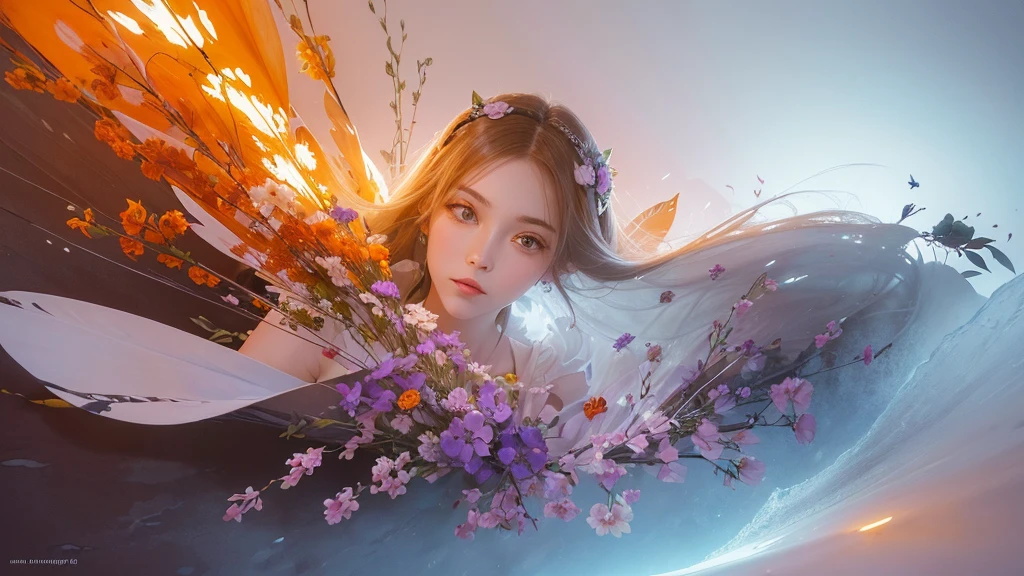 32k, Masterpiece, Highest quality, One girl, Detailed eyes, flower,Alstroemeria, White and orange style,A dreamy, romantic piece,Pale purple, Mysterious Leaves,A playful arrangement,Fantasy,High Contrast,Ink strokes,explosion,Exposure, Impression of white and orange tones,Abstract,((Watercolours by John Berkey and Jeremy Mann )) Brush strokes,Negative Space, Tyndall effect,