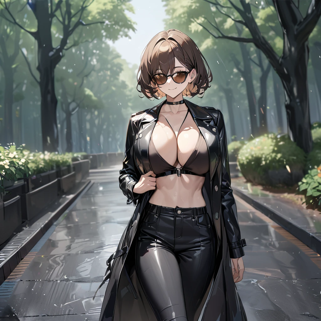 A woman wearing a long black leather coat, black pants, wearing sunglasses, big breasts, short brown hair, yellow eyes, smiling, walking on the concrete sidewalk in a forest park, in rainy weather.UHD , prime work , accurate , anatomically correct , textured skin , super details , high quality , best quality, 8k, high resolution, bokeh effect. (woman alone)
