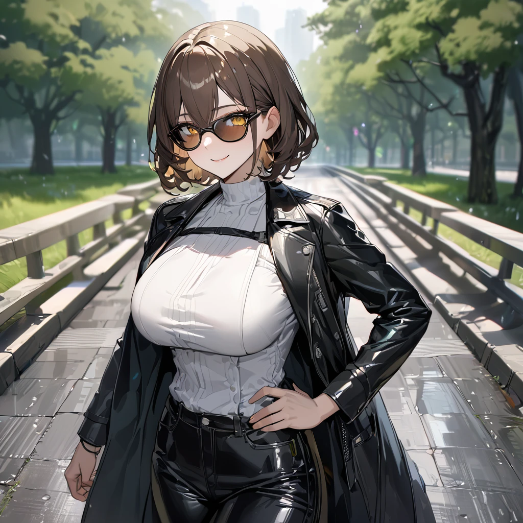 A woman wearing a long black leather coat, black pants, wearing sunglasses, big breasts, short brown hair, yellow eyes, smiling, walking on the concrete sidewalk in a forest park, in rainy weather.UHD , prime work , accurate , anatomically correct , textured skin , super details , high quality , best quality, 8k, high resolution, bokeh effect. (woman alone)
