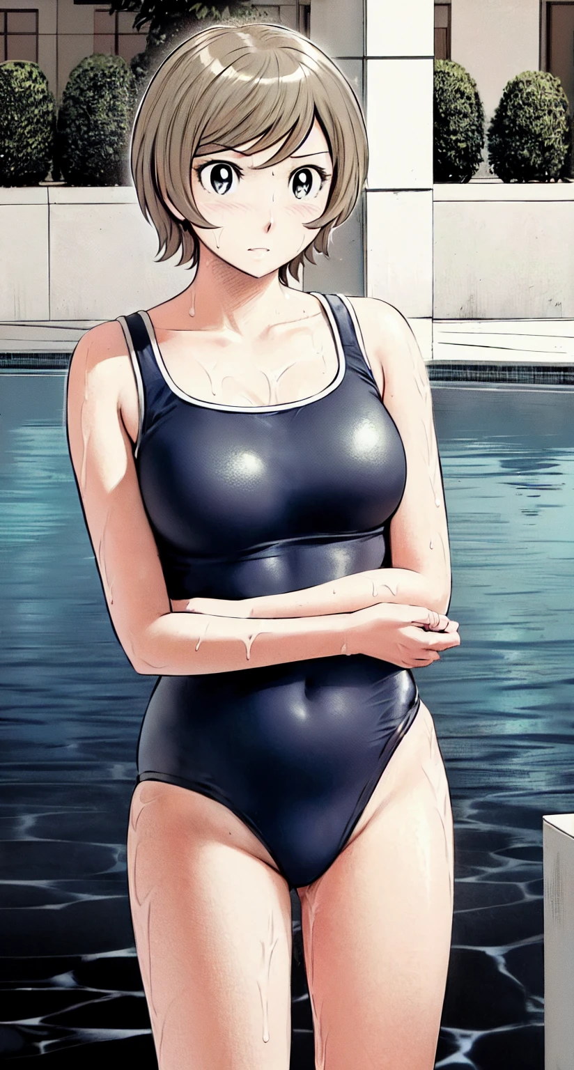 
Blonde, (short hair:1.2)、((Illustration of a person))、、
View your viewers,, (Highest quality:1.3),blue eye star piece、Highest quality)、Highest quality, Ultra-high resolution, (((masterpiece))), alone, Sweat、Big eyes、、One Girl, Front view、Embarrassed face、Bronze colored hair、((short hair))、One Girl, alone, blush, ,
 arms, Wet, Pool, 青いSchool , Thighs, Place your arms at your sides,  arms, Cowboy Shot, Are standing, School ,bite、High Leg、mansuji