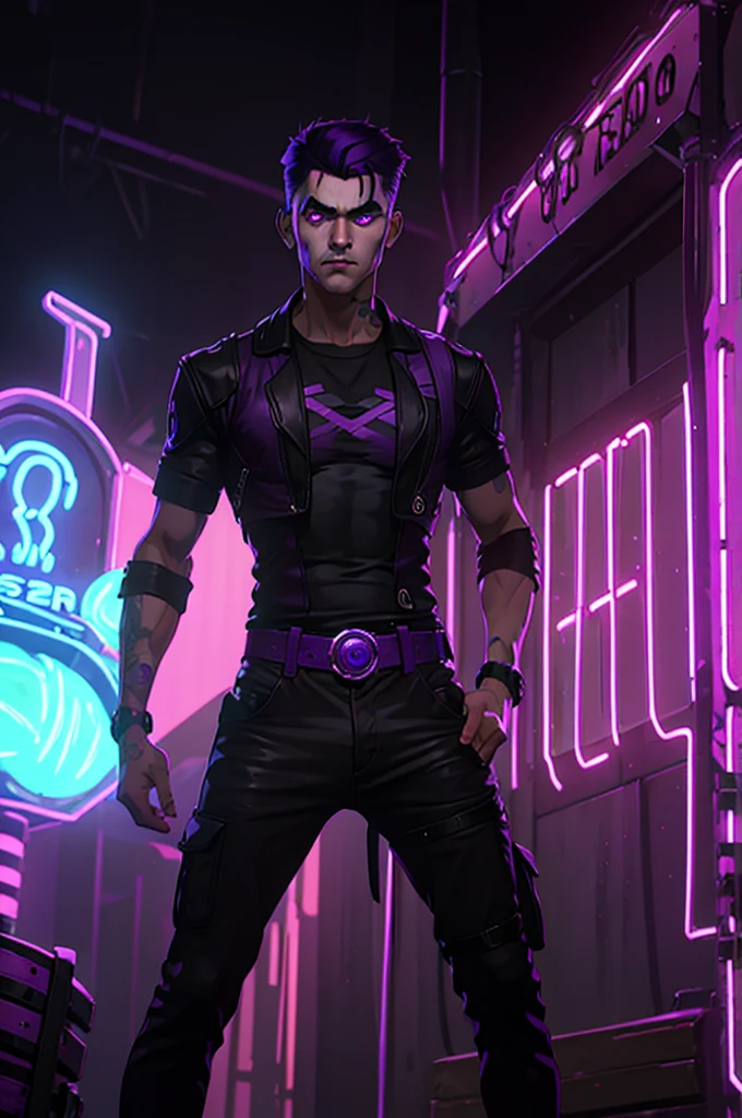 full body man, purple hair, cold stare, purple eye with neon purple glow, half slanted eye, cold expression, big male hair, black hair with purple tips, character wearing t-shirt, military-like pants, with leather straps on the thigh to carry a revolver