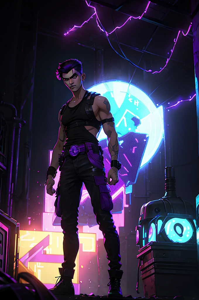 full body man, purple hair, cold stare, purple eye with neon purple glow, half slanted eye, cold expression, big male hair, black hair with purple tips, character wearing t-shirt, military-like pants, with leather straps on the thigh to carry a revolver