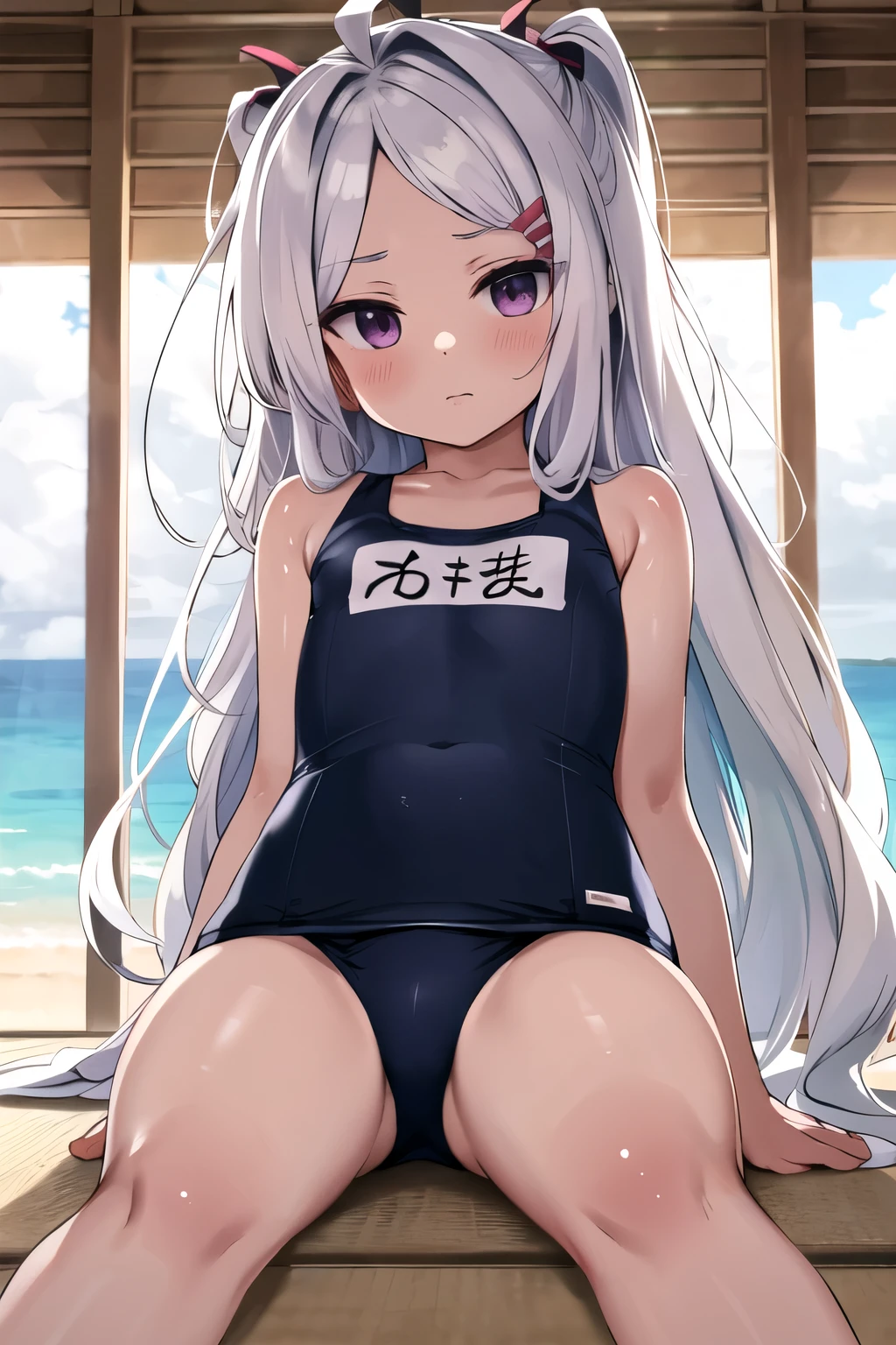 Masterpiece, Best Quality, High resolution, Hina Sorasaki, 1 girl, wide, gray hair, He drowned, Purple in the eyes, small old, very wide, old, huge He drowned, playa, japanese school swimsuits,