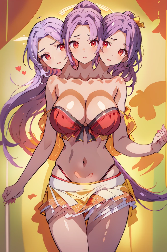 (masterpiece, best quality), best quality, best resolution, (ultra-detailed), (3heads:1.5), 1girl, (3heads:1.5), 1girl, (sannyo komakusa:1.3), masterpiece, (best quality:1.5, highres, UHD), highres, absurdo, ultra detail, ultra quality, Ultra resolution, dark red top, crop top, ((stomach)), midriff, ((groin)), multi-layered skirt, miniskirt, normal ears, shackles, purple hair with a ponytail, very long hair, wavy hair, sidelocks, red eyes, parted lips, sweat, cute, toned belly, hand on own chest, eyelashes, (23 year old woman:1.3), (masterpiece:1.5), (best quality:1.5), (beautiful detailed), extremely detailed CG, extremely delicate and beautiful, depth of field, (finely detailed face), (perfect details:1.2), (mature female:1.3), wide pelvis, slender, large veiny breast, 16k resolution, very high quality, very high definition, extremely detailed, masterpiece, purple hair with a ponytail, long hair, alluring presence, twin braid, short skirt, close up, very big tits, huge tits, young, yellow bow, golden fan, sexy pose,
