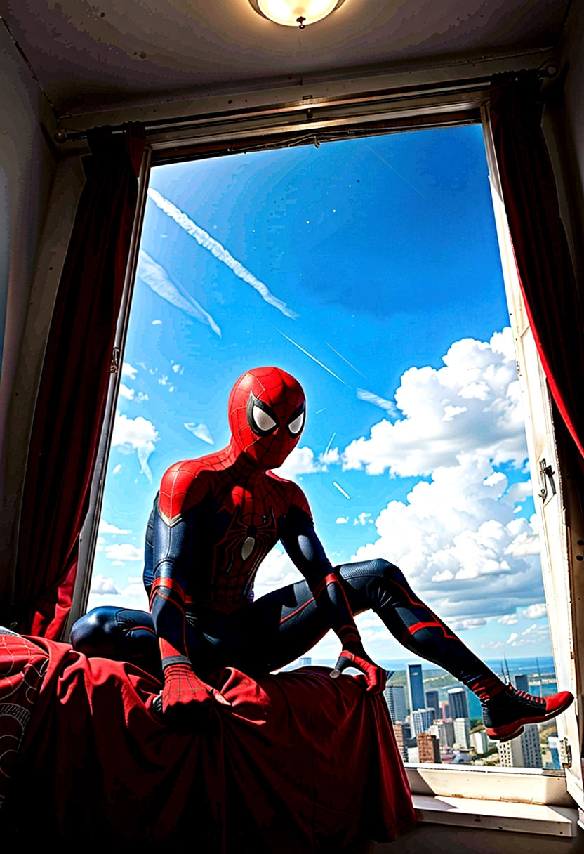 teenager dressed as spider man miles morales black costume , Playing mobile game, view from a little further away Rio Grande do Sul Pampas , no electricity, in his bedroom