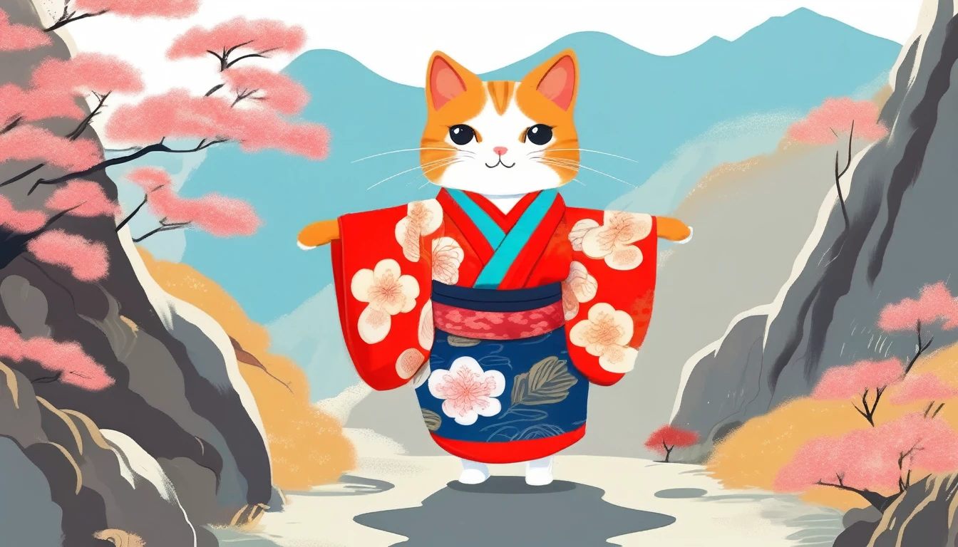 A cat wearing a kimono is walking on two legs through the mountains