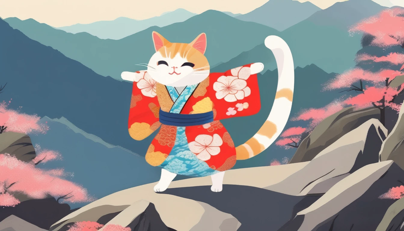 A cat wearing a kimono is walking on two legs through the mountains