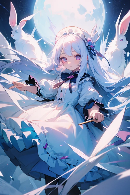 A young girl with long straight white hair。Droopy eyes and ephemeral appearance、Ice blue and pink odd eyes。A princess with the ability to control snow。spirit。sacred、beautiful、cute　Lolita Dresses、She likes rabbits。