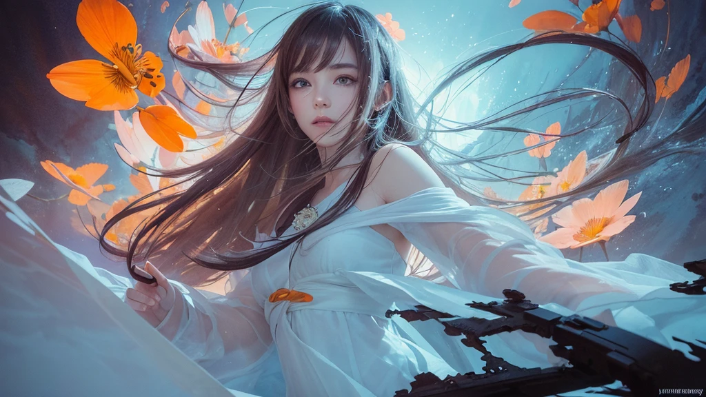 32k, Masterpiece, Highest quality, One girl, Detailed eyes, flower,Alstroemeria, White and orange style,A dreamy, romantic piece,Pale purple, Mysterious Leaves,A playful arrangement,Fantasy,High Contrast,Ink strokes,explosion,Exposure, Impression of white and orange tones,Abstract,((Watercolours by John Berkey and Jeremy Mann )) Brush strokes,Negative Space, Tyndall effect,