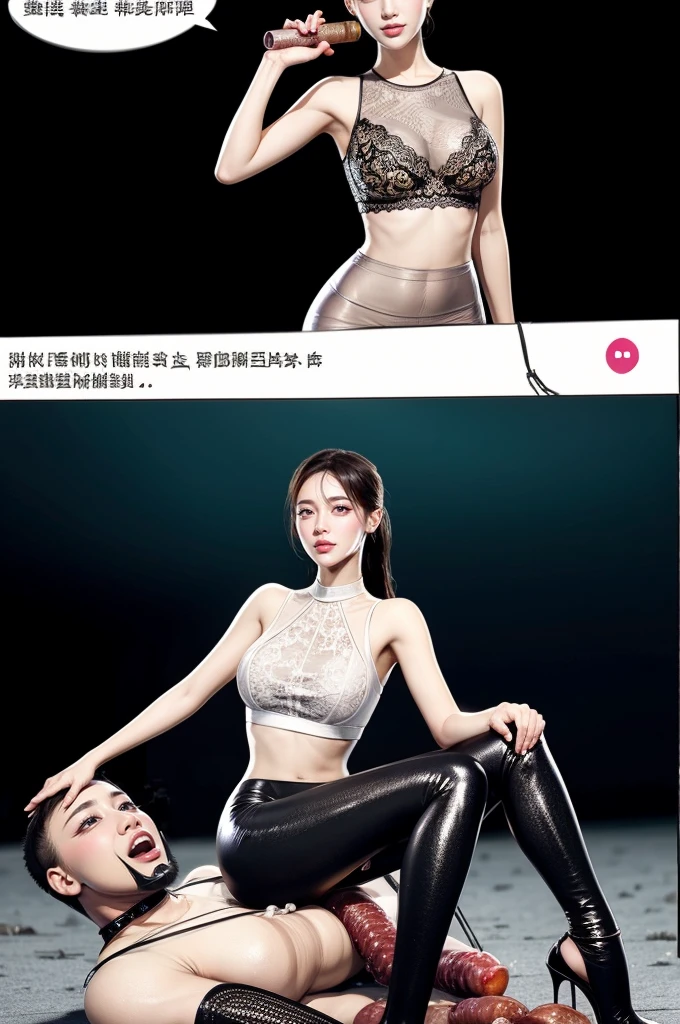 The beautiful girl in lace top and leggings is sitting astride a pile of skeletons in the center of the picture. She is holding a trembling sausage with juice squeezed out in her hand and smiling. There are multiple comic storyboards in the background,cbt, sausage bondage,sausage insertion,Sexy, trampling sausage with high heels heel,(masterpiece, best quality:1.2),1 beautiful girl,sexy,comic storyboard:2, leggings, sit astride, axially symmetrical:2, ,femdom,sounding,cbt,hold,smile,colorful,leggings,thin gap,cameltoe,insertion,trembling,juice,spray, Long hair,Lace top,Sexy, Shiny leggings, High heel,cleveage, trampling, in forest, saliva , Mucus,