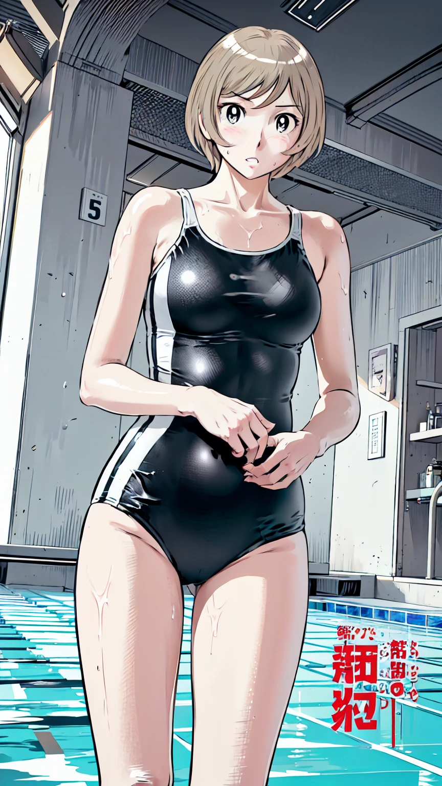 Blonde, (short hair:1.2)、((Illustration of a person))、Big Breasts、
View your viewers,, (Highest quality:1.3),blue eye star piece、Highest quality)、Highest quality, Ultra-high resolution, (((masterpiece))), alone, Sweat、Big eyes、Big Breasts、One Girl, Front view、Embarrassed face、Bronze colored hair、((short hair))、One Girl, alone, blush, Big Breasts,
Bare arms, Wet, Pool, 青いSchool Swimsuit, Thighs, Place your arms at your sides, Bare arms, Cowboy Shot, Are standing, School Swimsuit,bite、High Leg、mansuji