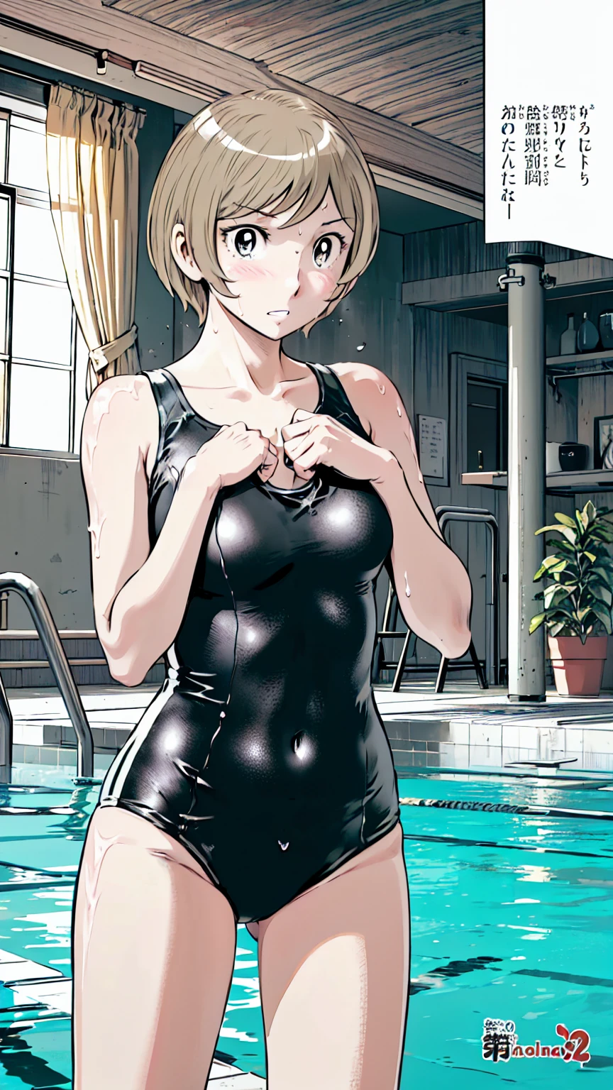 Blonde, (short hair:1.2)、((Illustration of a person))、Big Breasts、
View your viewers,, (Highest quality:1.3),blue eye star piece、Highest quality)、Highest quality, Ultra-high resolution, (((masterpiece))), alone, Sweat、Big eyes、Big Breasts、One Girl, Front view、Embarrassed face、Bronze colored hair、((short hair))、One Girl, alone, blush, Big Breasts,
Bare arms, Wet, Pool, 青いSchool Swimsuit, Thighs, Place your arms at your sides, Bare arms, Cowboy Shot, Are standing, School Swimsuit,bite、High Leg、mansuji