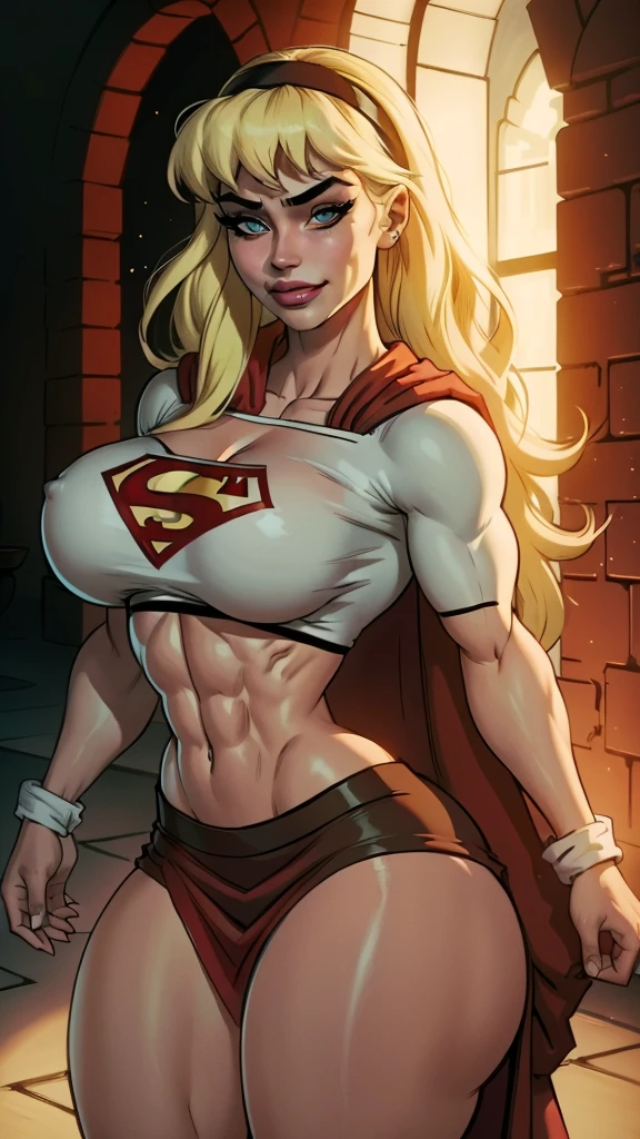 WITH YOUR BACK TO THE CAMERA,((ultra quality)), ((masterpiece)), supes, cute smile, smile, ((long blonde hair)), (Beautiful face), (beautiful female lips), (), charming, ((sexy facial expression)), (white skin color), (white skin), glare on the body, ((detailed beautiful female eyes)), ((dark brown eyes)), (juicy female lips), (dark eyeliner), (crop top, midriff, cape )(((headband))), (((red long skirt))), wide eyebrows, abs, slanted green eyes, makeup eyelids, big cheekbones, thin cheeks, defined jaw, (beautiful female hands), ((ideal female figure)), ideal female body, beautiful waist, gorgeous thighs, beautiful huge breasts, cleavage,((subtle and beautiful)), sexy worth