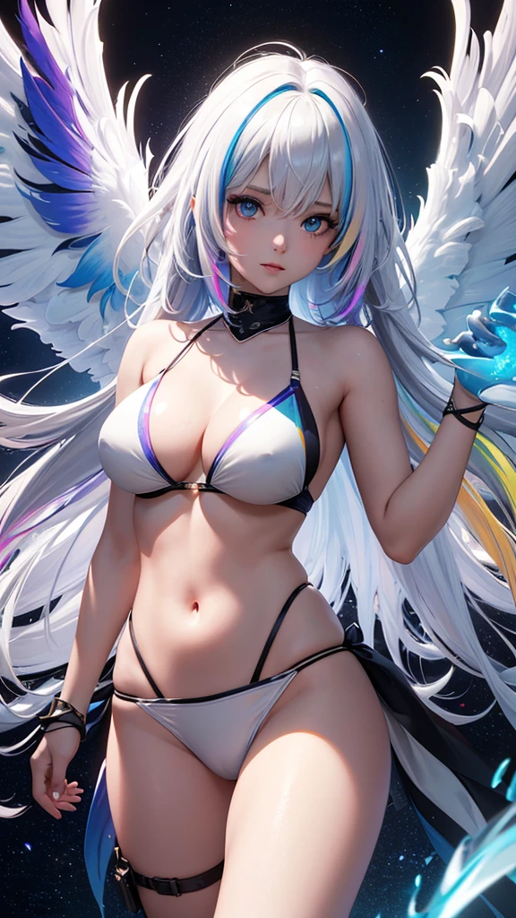 {{masterpiece}}, best quality, extremely detailed CG unity 8k wallpaper, cinematic lighting, lens flare, beautiful detail eyes, black,  side glance,  multicolor short white hair, colorful light, particles, heterochromia, (colorful:1.5), (colorful hair:1.5), Sexy white bikini, bikini armor, wings on back,