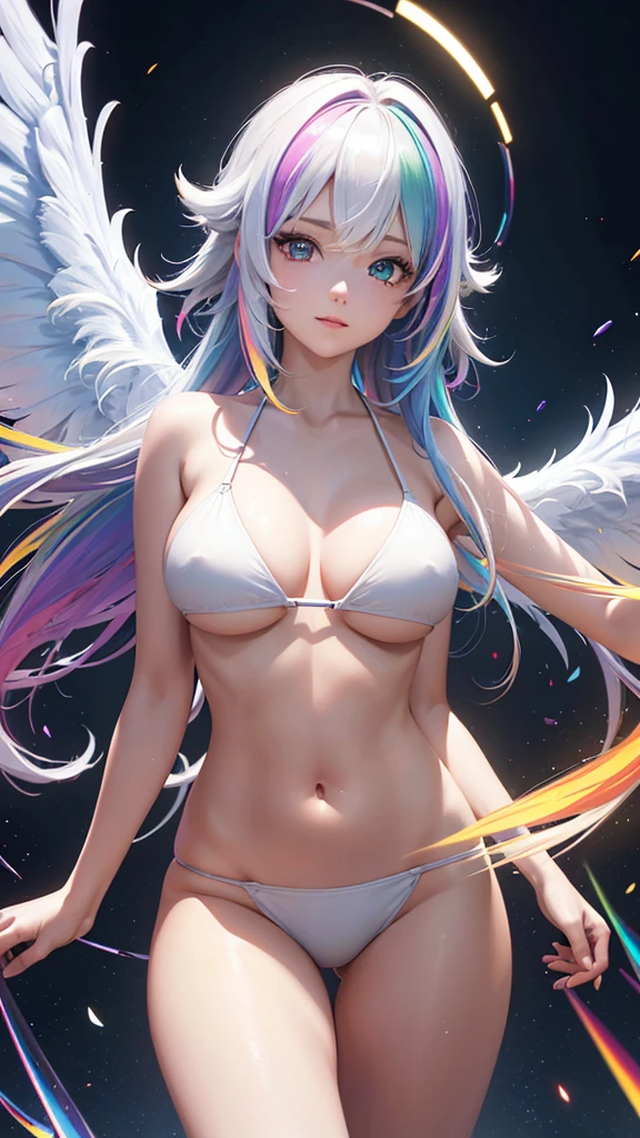 {{masterpiece}}, best quality, extremely detailed CG unity 8k wallpaper, cinematic lighting, lens flare, beautiful detail eyes, black, side glance, multicolor short white hair, colorful light, particles, heterochromia, (colorful:1.5), (colorful hair:1.5), Sexy white bikini, bikini armor, wings on back,