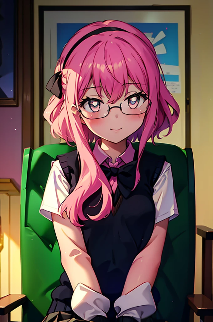 {{masterpiece}},{{Highest quality}},{{High resolution}},{{Caustics}},{{Familiar}},blush,
smile,Louise Françoise Le Brun de La Valliere,Akabuchi Glasses,hair band,Pink Hair,Pink Eyes, 黒break skirt, shirt, bow, ribbon, , white shirt, Short sleeve, Pleated skirt, collared shirt, mini skirt, bowtie, 黒いloafers , Black Skirt, Black pantyhose, loafers, green bow, (pink sweater vest:1.5),,classroom,Sit on a chair,whole body,(Cowboy Shot:1. 5),break (masterpiece:1.2), Highest quality, High resolution, unity 8k wallpaper, (shape:0.8), (Fine and beautiful eyes:1.6), Highly detailed face, Perfect lighting, Highly detailed CG, (Perfect hands, Perfect Anatomy),