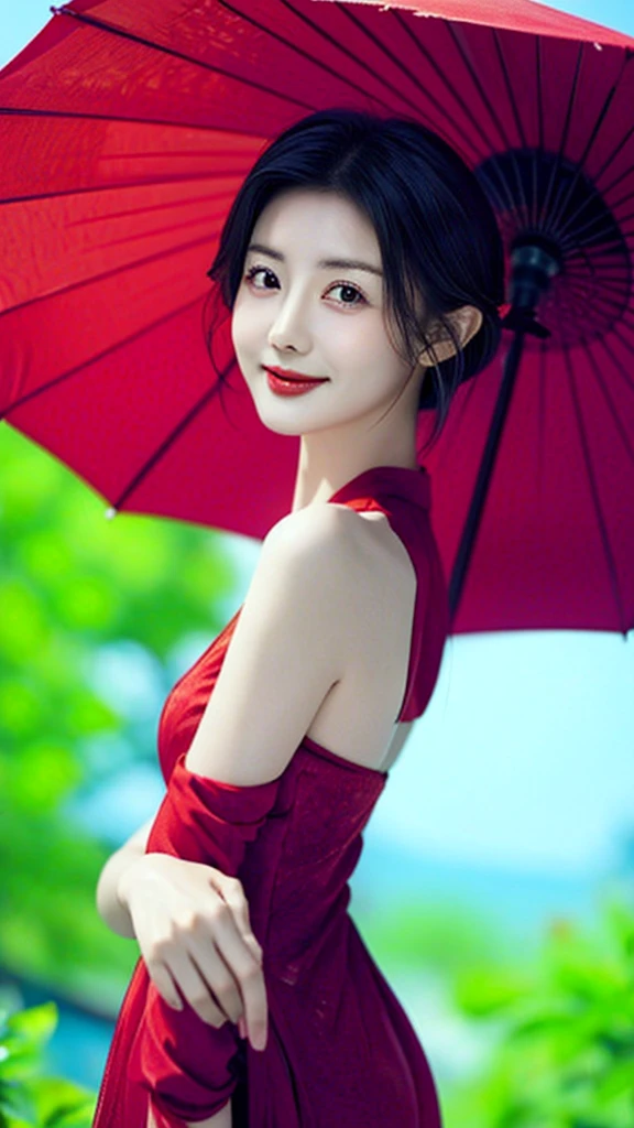 Red Chinese dress, 1 Girl, Solitary, Black Hair, short hair, Upper Body, Smile, parasol, Mature female,