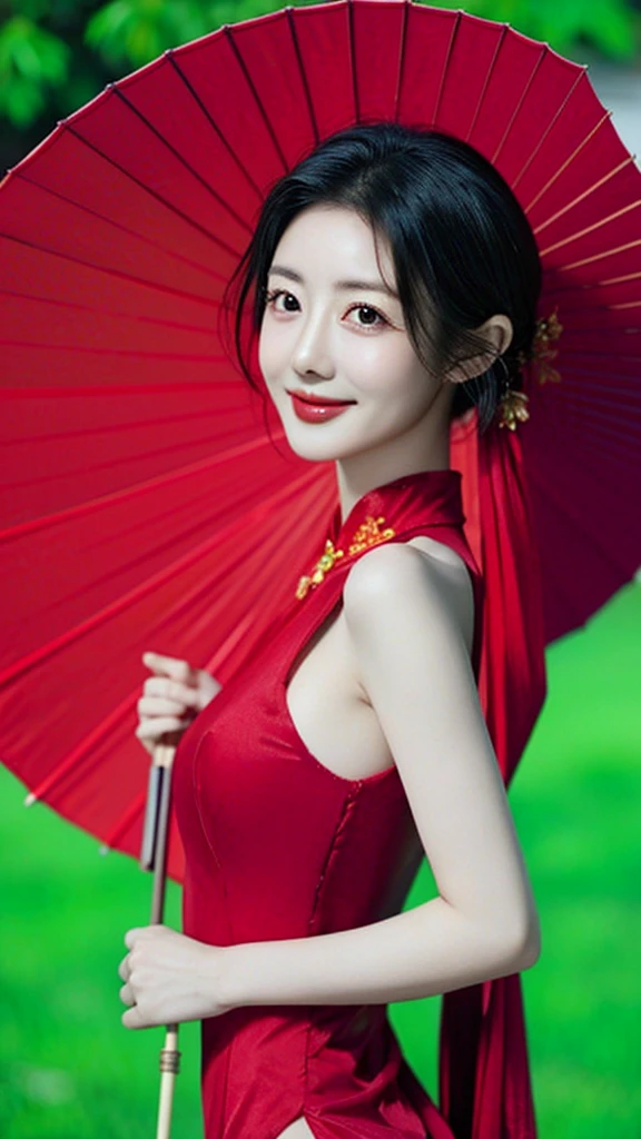Red Chinese dress, 1 Girl, Solitary, Black Hair, short hair, Upper Body, Smile, parasol, Mature female,