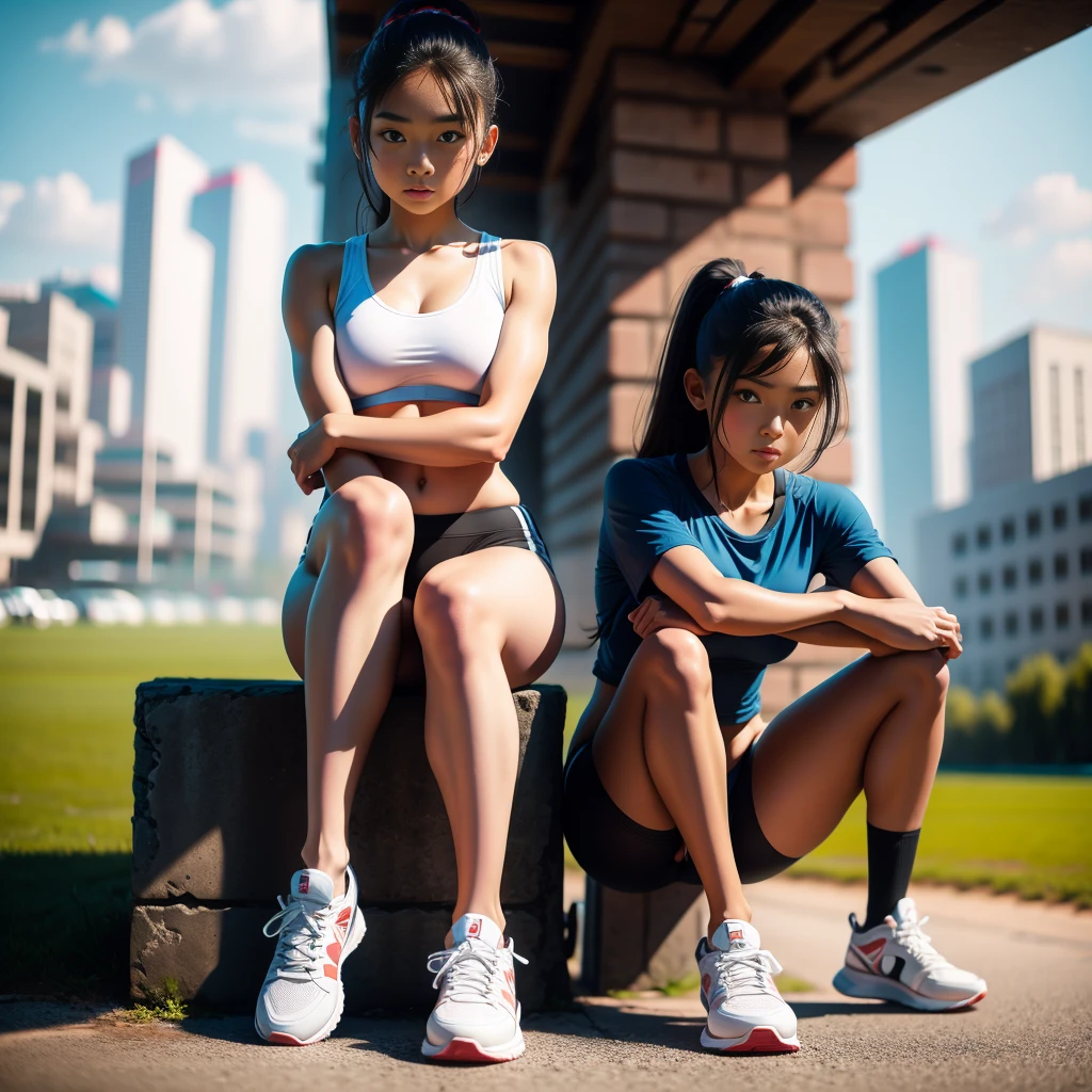 (The best quality, masterpiece), 1girl, athletic, outdoor, squat, looking at the viewer, 1 young woman,  Expandex Sports Panties,  sports bra, athletic, sports field, curve, whole body, Sports shoes , clash, squat, open leg, sitting facing forward symmetrical image