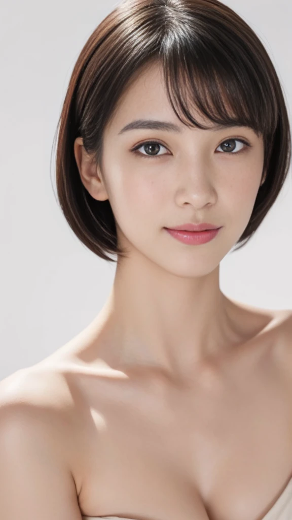 ((masterpiece, Highest quality, High resolution)), 1 Girl, (Realistic: 1.4), alone, White Background, snow-White Background, Mouth closed, Smile, Smile, Beautiful black hair, short hair, Big eyes, Transparent double eyelids, eyelash, Listen carefully, Long neck, Long neck, Absolute area, ((Face close-up)), (Draw the whole head, shoulder), 30 years old, Attractive proportions, Shiny skin, Beautiful collarbone, A face of golden proportions, Perfect Face, Teardrop-shaped moles, Mole on chest, bangs, clean bangs, beautiful bangs, Lip gloss, Thin lips, Pale skin, naked, Small breasts, Small face, Small face, All the heads are painted, shoulder all drawn, Look slightly up and into the camera,smile、