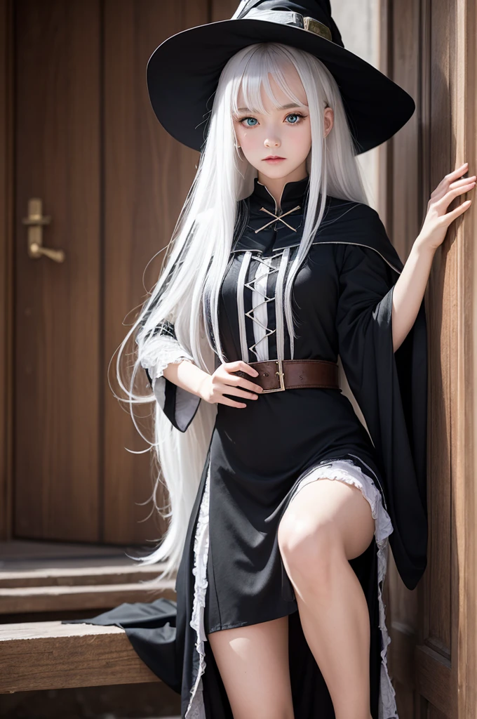 Create the image of a young witch, with student dress, with white hair and green eyes