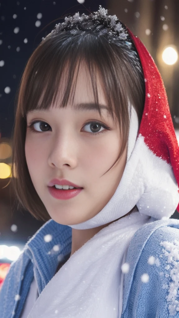 1girl, (santa claus costume slim fit:1.75), symmetry,(Cute ultra young girl:2.0),(ultra short hair:2.0), ultra big smile, (Beautiful large round droped detailed eyes:1.5), beautiful detailed lips, (extremely detailed beautiful face, natural makeup, slender girl's body Incredibly beautiful skin:2.0), (best quality,4k,8k,highres,masterpiece:2.0),(ultra-detailed,realistic,photorealistic,photo-realistic:1.75),professional,vivid colors,studio lighting on her face, (snowing night town,christmas eve:1.25)