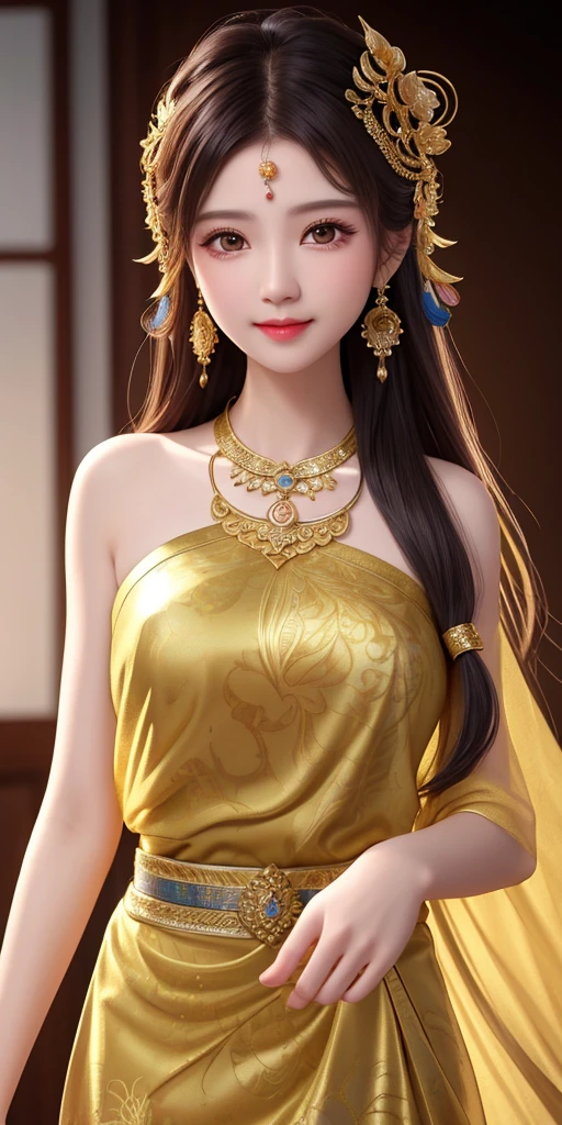 best quality, masterpiece, highres,  1 indonesian girl, transparent silk batik dress, beautiful face, hair ornament, looking at viewer, smile, closed mouth,lips, dress,hair ornament, necklace, jewelry, long hair, earrings, Beautiful face,upon_body, tyndall effect,photorealistic, dark studio, rim lighting, two tone lighting,(high detailed skin:1.2), 8k uhd, dslr, soft lighting, high quality, volumetric lighting, candid, Photograph, high resolution, 4k, 8k, Bokeh