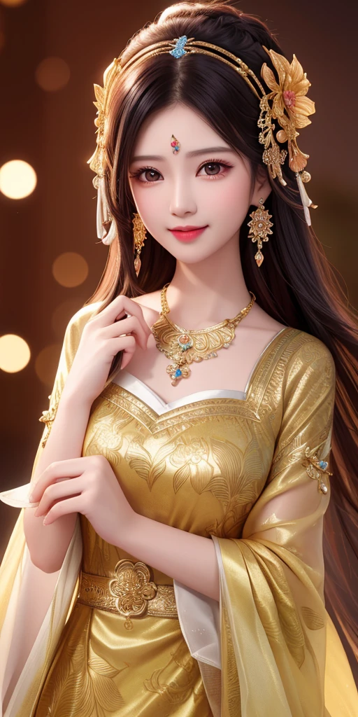 best quality, masterpiece, highres, 1 indonesian girl, silk batik dress, beautiful face, hair ornament, looking at viewer, smile, closed mouth,lips, dress,hair ornament, necklace, jewelry, long hair, earrings, Beautiful face,upon_body, tyndall effect,photorealistic, dark studio, rim lighting, two tone lighting,(high detailed skin:1.2), 8k uhd, dslr, soft lighting, high quality, volumetric lighting, candid, Photograph, high resolution, 4k, 8k, Bokeh