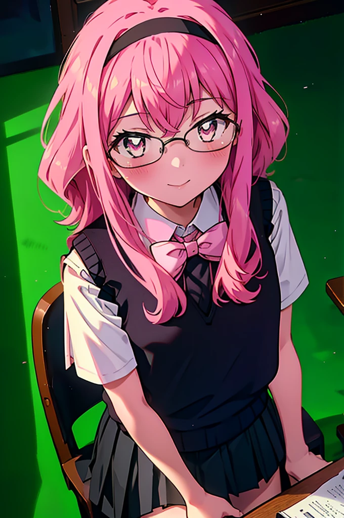 {{masterpiece}},{{Highest quality}},{{High resolution}},{{Caustics}},{{Familiar}},blush,
 smile,Louise Françoise Le Brun de La Valliere,Akabuchi Glasses,hair band,Pink Hair,Pink Eyes, 黒break skirt, shirt, bow, ribbon, , white shirt, Short sleeve, Pleated skirt, collared shirt, mini skirt, bowtie, 黒いloafers , Black Skirt, Black pantyhose, loafers, green bow, (pink sweater vest:1.5),,classroom,Sit on a chair,whole body,(Cowboy Shot:1. 5),break (masterpiece:1.2), Highest quality, High resolution, unity 8k wallpaper, (shape:0.8), (Fine and beautiful eyes:1.6), Highly detailed face, Perfect lighting, Highly detailed CG, (Perfect hands, Perfect Anatomy),