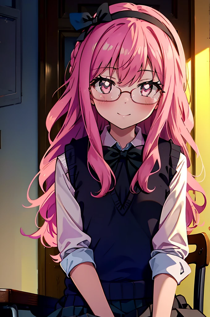 {{masterpiece}},{{Highest quality}},{{High resolution}},{{Caustics}},{{Familiar}},blush,
smile,Louise Françoise Le Brun de La Valliere,Akabuchi Glasses,hair band,Pink Hair,Pink Eyes, 黒break skirt, shirt, bow, ribbon, , white shirt, Short sleeve, Pleated skirt, collared shirt, mini skirt, bowtie, 黒いloafers , Black Skirt, Black pantyhose, loafers, green bow, (pink sweater vest:1.5),,classroom,Sit on a chair,whole body,(Cowboy Shot:1. 5),break (masterpiece:1.2), Highest quality, High resolution, unity 8k wallpaper, (shape:0.8), (Fine and beautiful eyes:1.6), Highly detailed face, Perfect lighting, Highly detailed CG, (Perfect hands, Perfect Anatomy),