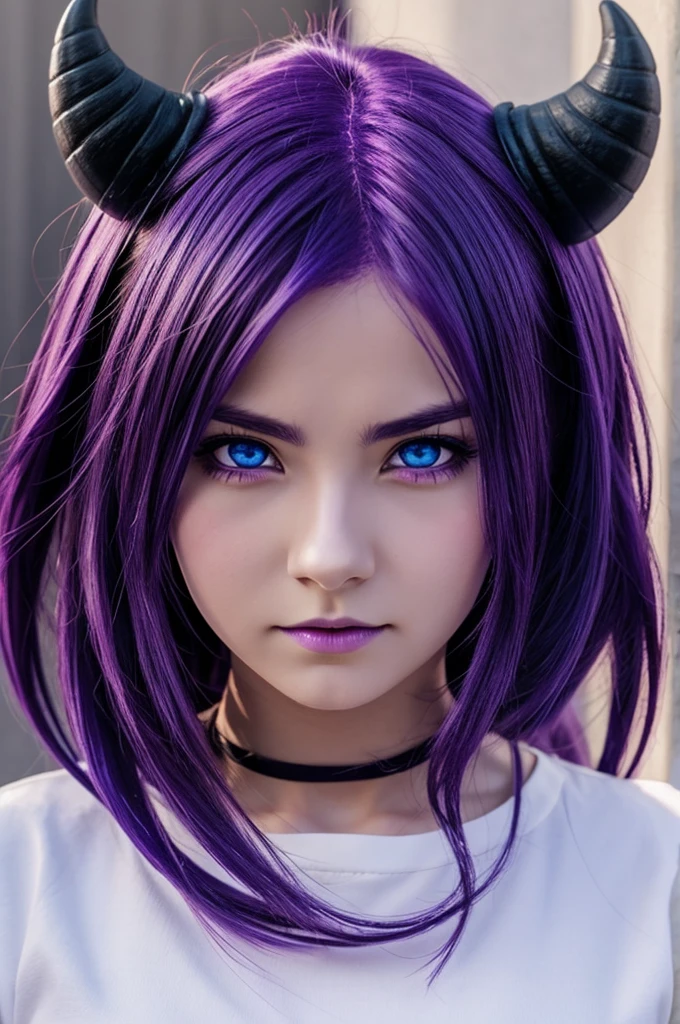 Anime girl with dark horns, purple hair with white gradient, with blue eyes, losing control