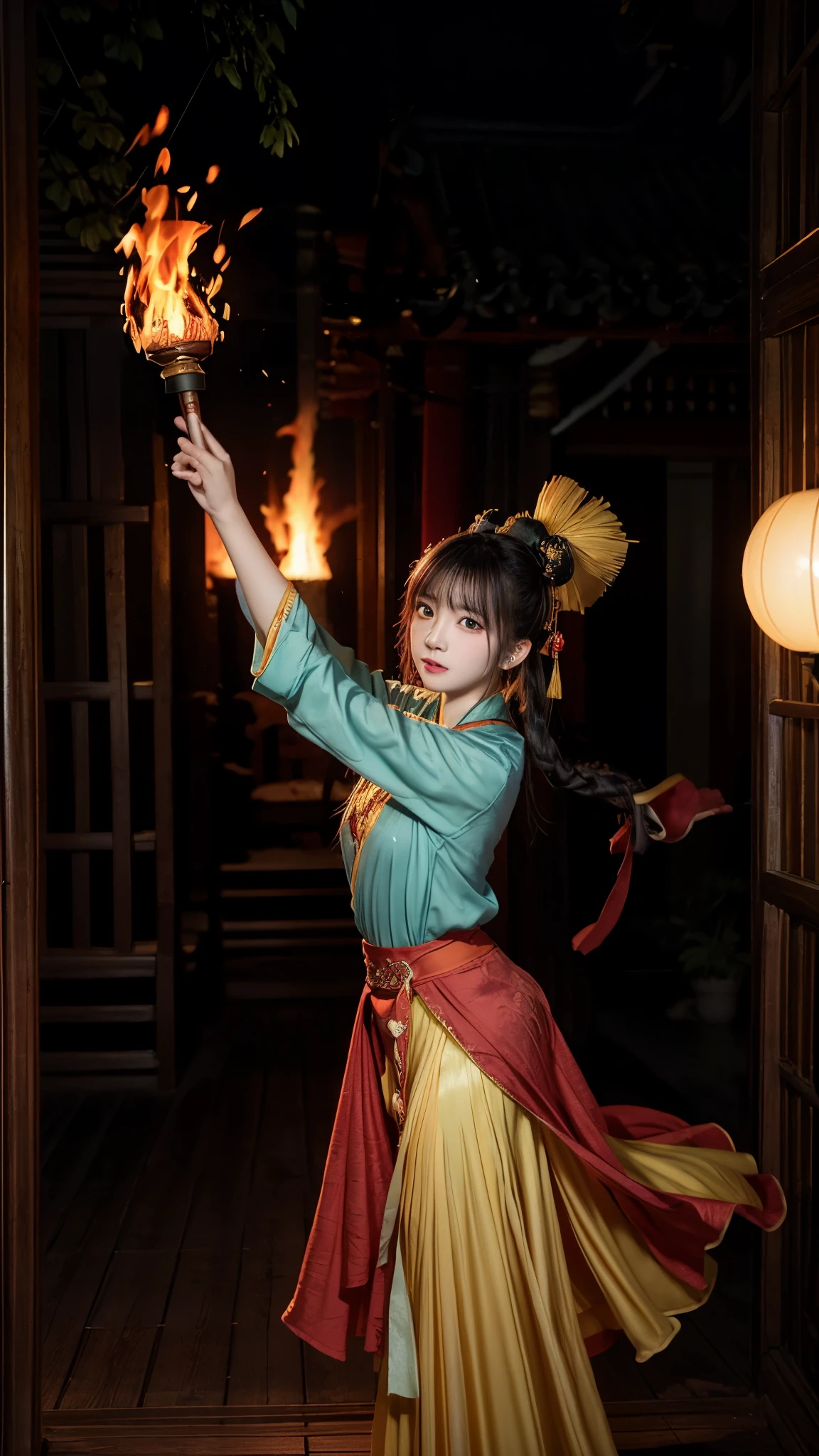 Fisheye lens with flames in background, Chinese girl dancing swords, dressed in Tang costume, a person, upward light, ray tracing, edge light, glow effect, exaggerated action, exaggerated perspective, orange, green, realistic ultra-fine rendering wind, super detail, blender, octanerending