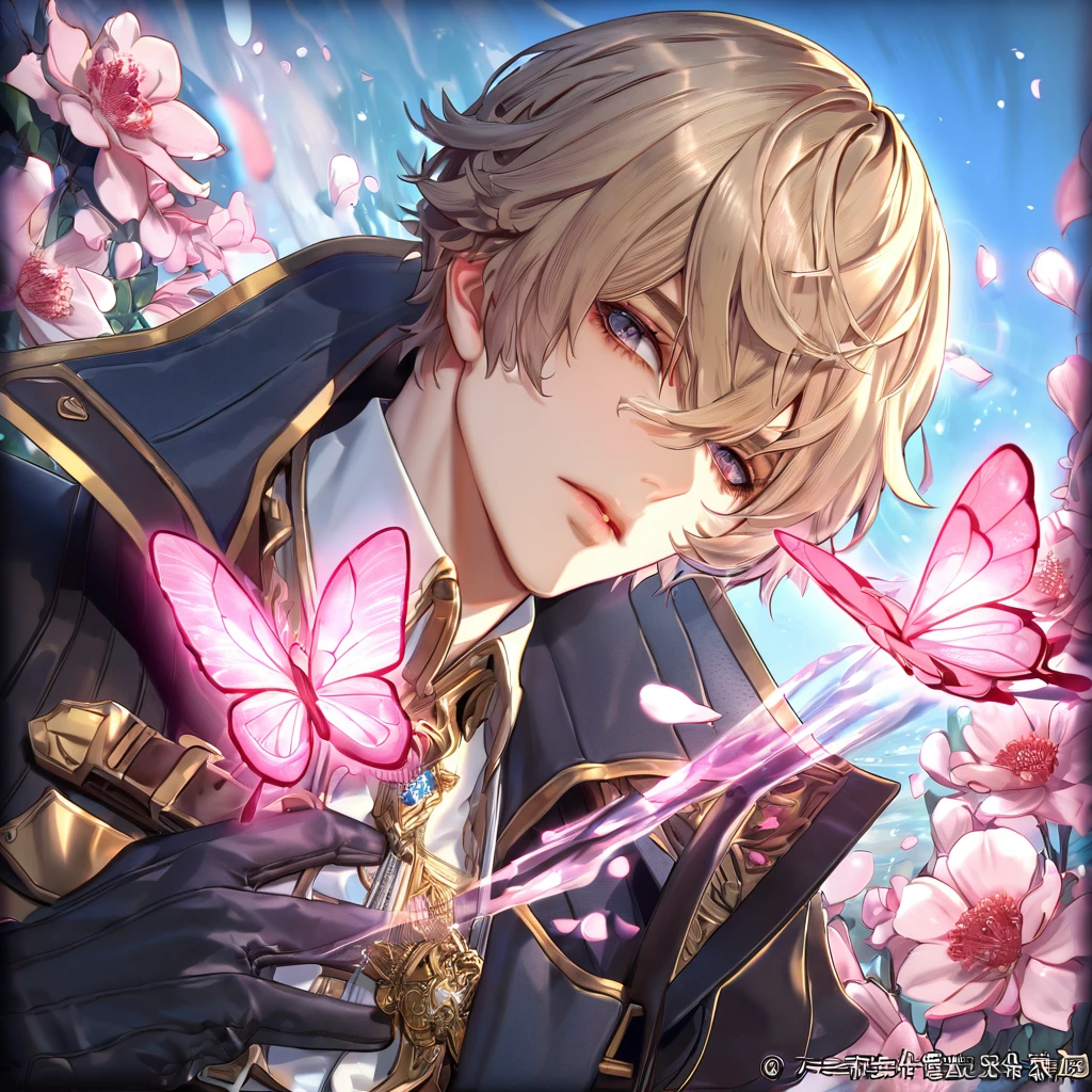 absurdres, highres, ultra detailed, HDR, master piece, best quality, extremely detailed face, delicated features, Julius Visconti, ash-blonde messy hair, short hair, hair that has bangs hanging on the left side, hair between the eyes, God Eater 2, solo, sexy man, handsome, a black collar with gold buckle, black coat, with gold accents, white shirt, black gloves, water, blossoms, pink flowers, pink butterflies, fantasy, magic, radiant