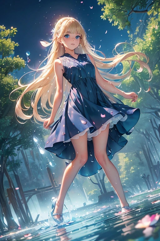 ((full body)),(((Dutch angle))), (((cute face))),(((arms at hip))), blunt bangs, sideburns, blonde hair, red ribbons, glossy hair, straight hair, long hair,(((blue eyes))),  freckles, blushed:1.5, charming, floating, top quality, best quality, 8k, 16k, (flowered dress), dress:1.5),(sleeveless dress:1.5), outdoors at park, blue skies, flowers floating around, lens flares, ((( many water drops floating))), (((petals floating))), (((frost floating everywhere))),(((translucid dress))),(((wet dress))), long legs