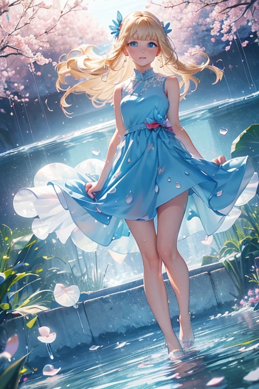 ((full body)),(((Dutch angle))), (((cute face))),(((arms at hip))), blunt bangs, sideburns, blonde hair, red ribbons, glossy hair, straight hair, long hair,(((blue eyes))),  freckles, blushed:1.5, charming, floating, top quality, best quality, 8k, 16k, (flowered dress), dress:1.5),(sleeveless dress:1.5), outdoors at park, blue skies, flowers floating around, lens flares, ((( many water drops floating))), (((petals floating))), (((frost floating everywhere))),(((translucid dress))),(((wet dress))), long legs