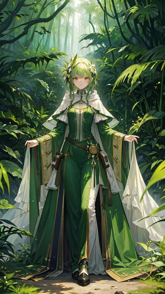 ((((surplus high detailed, model with abundance of accessories.))), 1girl, calm, standing, (((Verdant attire, Verdant cloak, segemented body))), [plant-infused prosthetics], (segmented limbs), segmented boots, segmented gloves, ((Verdant leaves)), ((withered plant), ((plant fragments))), ((exotic flowers)), (Wonderland), forest environment), ((leafy environment)), vegetation overgrowth, structs obscured, misty atmosphere, soft glow, gentle diffuse light, autumnal colors, +25 years old, lustrous hair, curving lips, elegant posture, full-of-nature, forest, verdant, represent, monument, landscape, grand)