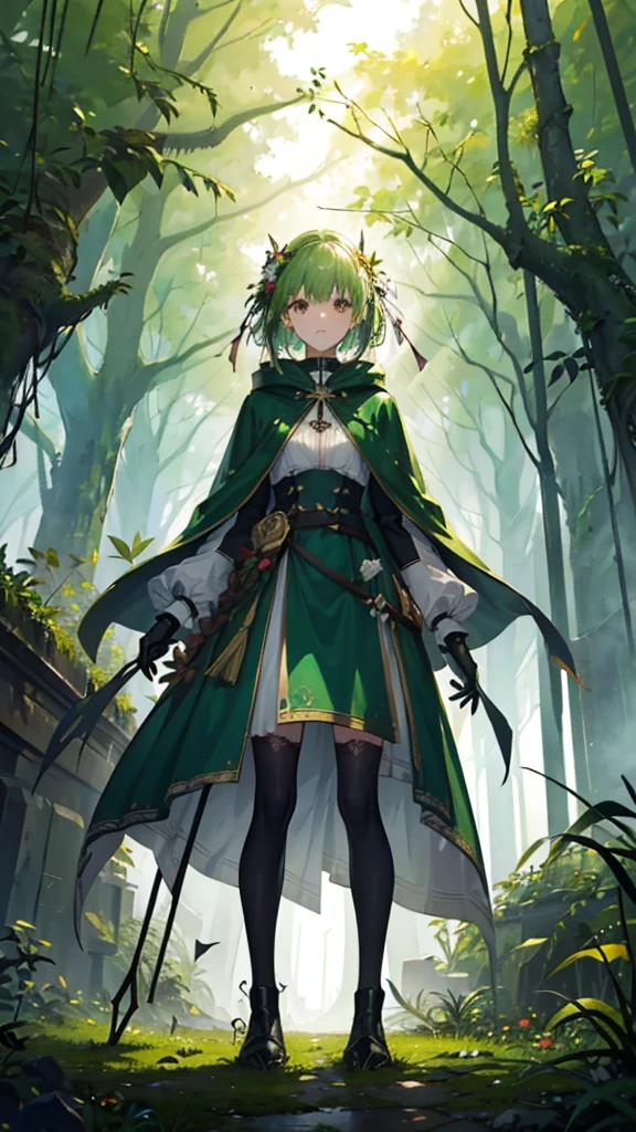 ((((surplus high detailed, model with abundance of accessories.))), 1girl, calm, standing, (((Verdant attire, Verdant cloak, segemented body))), [plant-infused prosthetics], (segmented limbs), segmented boots, segmented gloves, ((Verdant leaves)), ((withered plant), ((plant fragments))), ((exotic flowers)), (Wonderland), forest environment), ((leafy environment)), vegetation overgrowth, structs obscured, misty atmosphere, soft glow, gentle diffuse light, autumnal colors, +25 years old, lustrous hair, curving lips, elegant posture, full-of-nature, forest, verdant, represent, monument, landscape, grand)